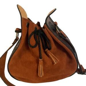 Vintage Mexican Suede Leather Bucket Bag Brown Drawstring Crossbody Artisan